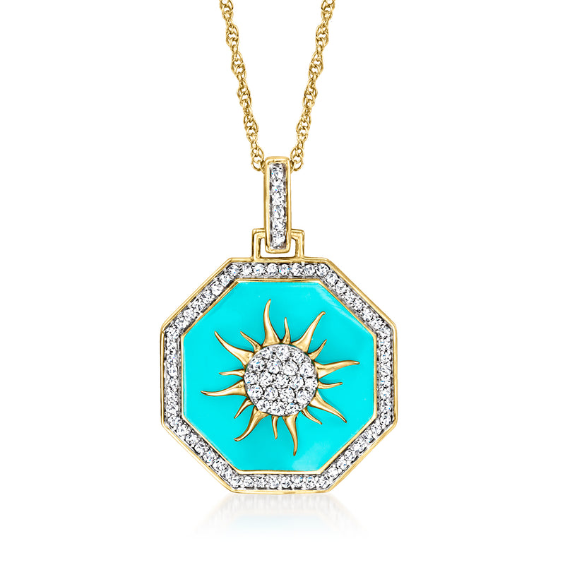 Octagonal turquoise enamel sun pendant necklace with diamond center and gold chain