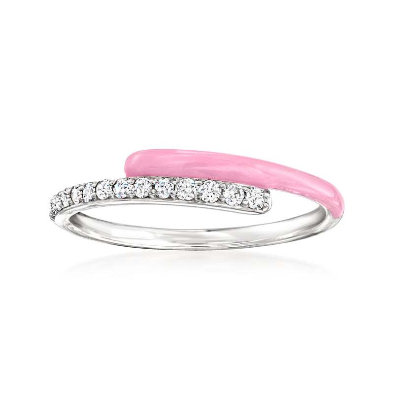 Sterling silver bypass ring with pink enamel top and pave-set clear diamonds