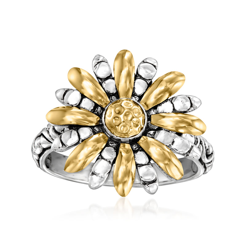 Gold and silver Bali-style sunflower ring with textured center and petal detailing