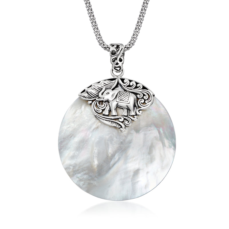Sterling silver elephant pendant necklace with iridescent mother-of-pearl round charm