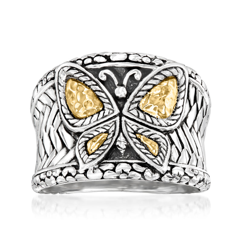 Sterling silver Bali-style butterfly ring with yellow gold inlaid wings