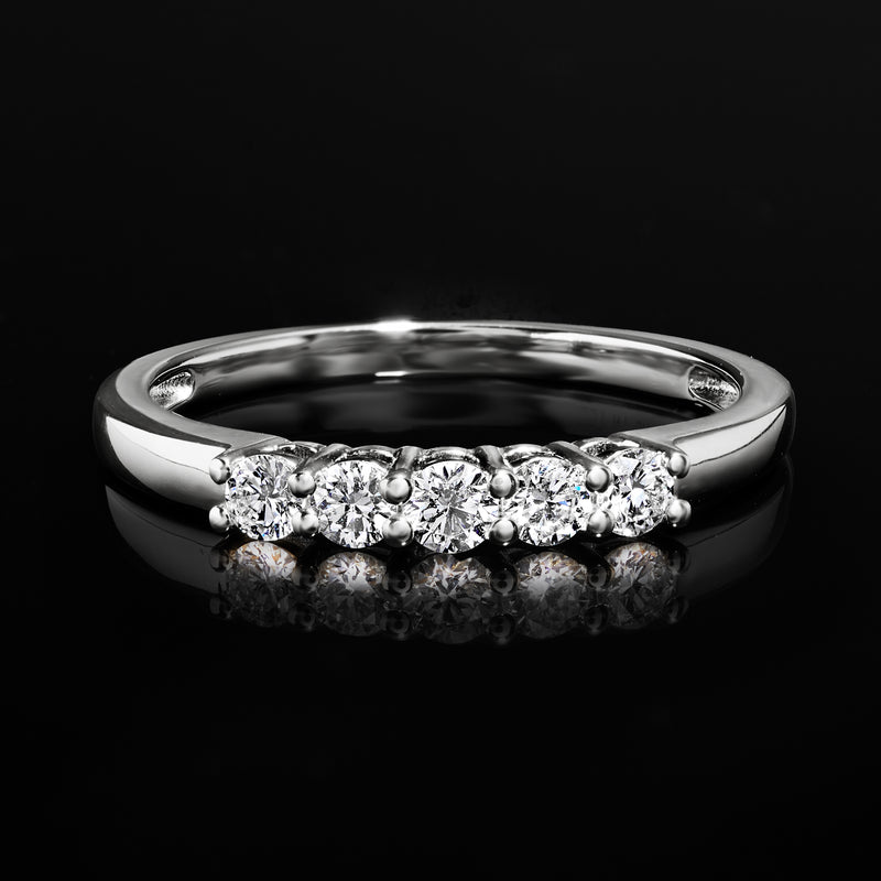 Sterling silver five-stone diamond ring with five round stones, side profile