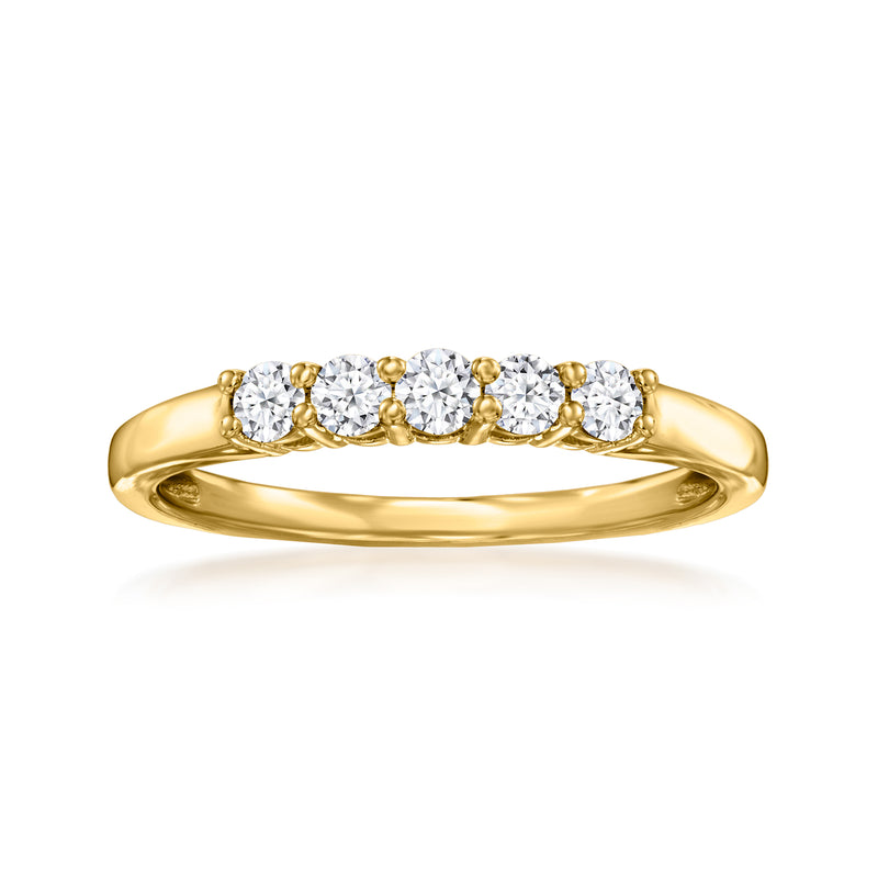 Five-stone diamond ring in gold with five round prong-set stones across the band