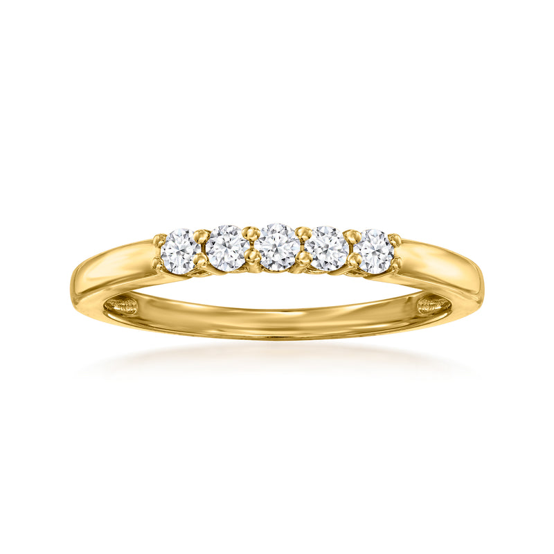 Yellow gold five-stone ring with round lab-grown diamonds in a row