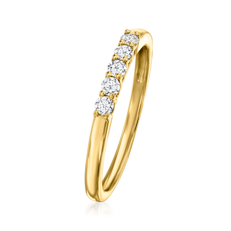 Yellow gold five-stone diamond ring, side view with raised prongs