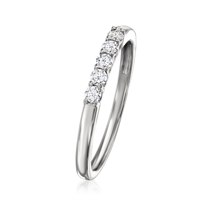 Sterling silver five-stone diamond ring shown from the side with prong-set stones