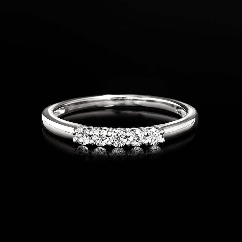 Sterling silver five-stone diamond ring with five bright stones on the top band