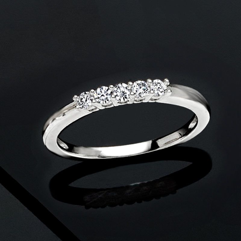 Sterling silver five-stone diamond ring, close-up of the top row of round stones