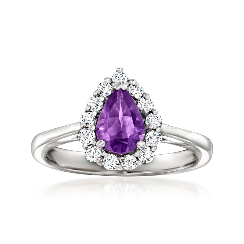 Teardrop amethyst ring in 14kt white gold with round diamond halo