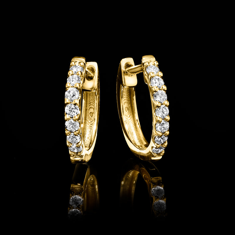 Gold huggie hoop earrings with round diamond row, hinged clasp visible