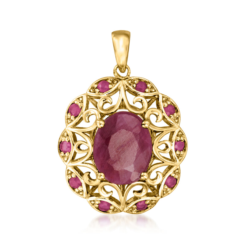 14kt yellow gold ruby openwork pendant, oval purple center with side stones