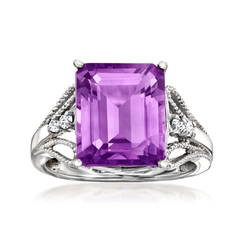 14kt white gold ring with square-cut purple amethyst center and diamond accents