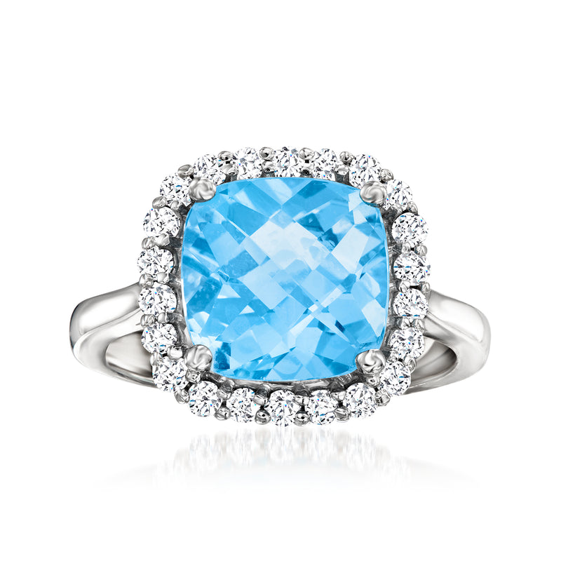 14kt white gold ring with cushion Swiss blue topaz and diamond halo