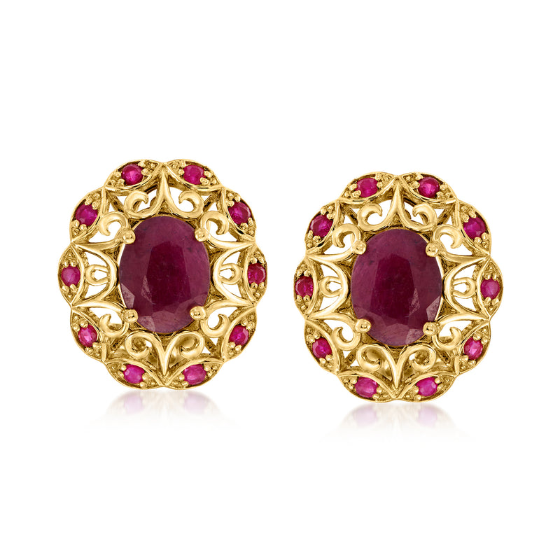 Round 14kt yellow gold ruby openwork stud earrings with maroon center