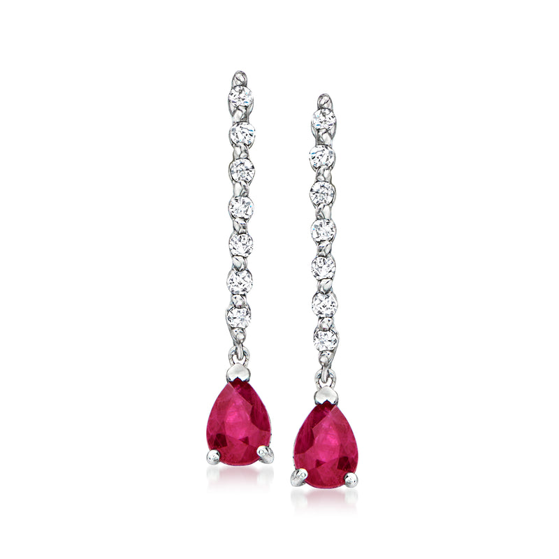 14kt white gold linear drop earrings with diamond-like stones and teardrop ruby drops