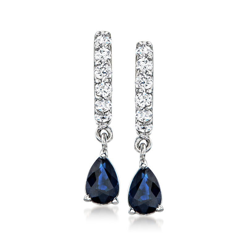 White gold drop earrings with diamond bars and pear-shaped blue sapphires