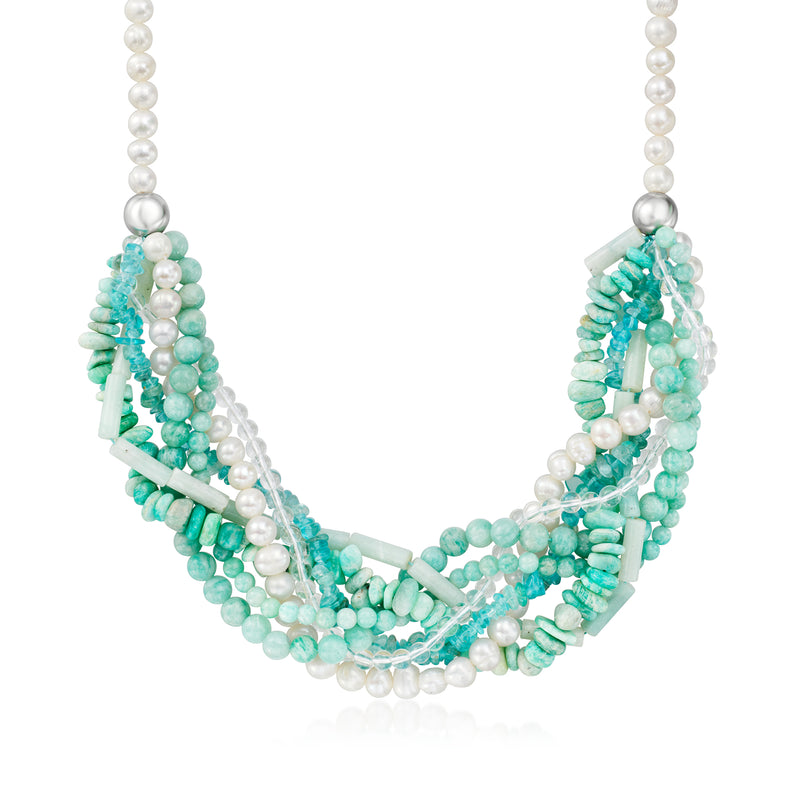 Multi-strand beaded necklace with white cultured pearls and turquoise Amazonite beads