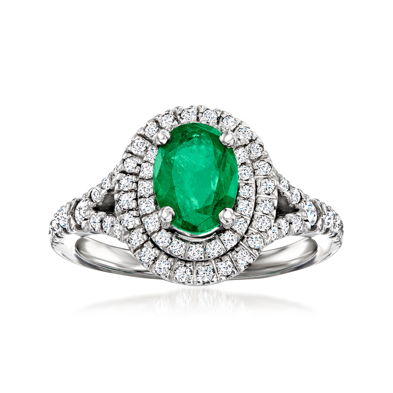 Emerald green oval gemstone diamond halo ring in 14k white gold, round pave details