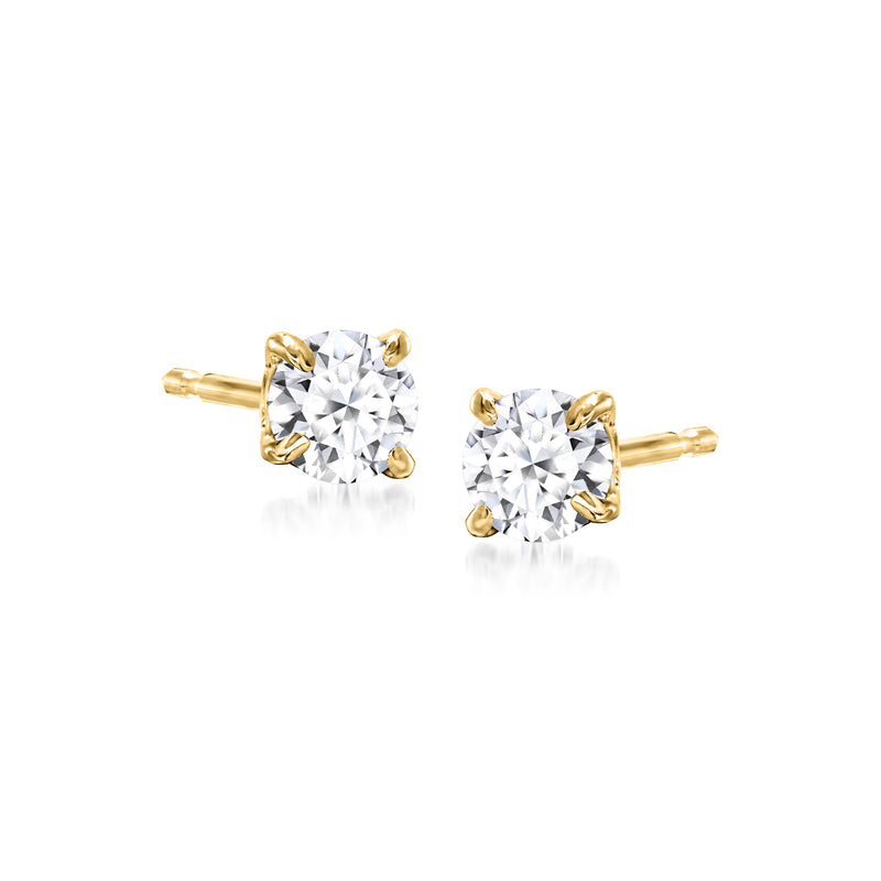 Round lab-grown diamond stud earrings with gold prong settings, 18kt gold over sterling