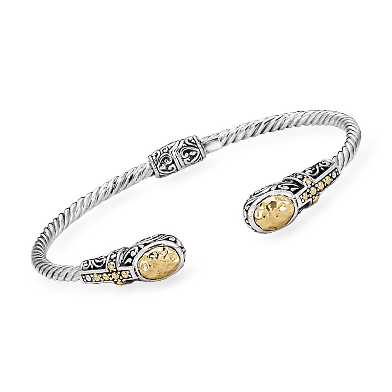 Sterling silver Bali-style cross cuff bracelet with yellow gold-tone oval inlays