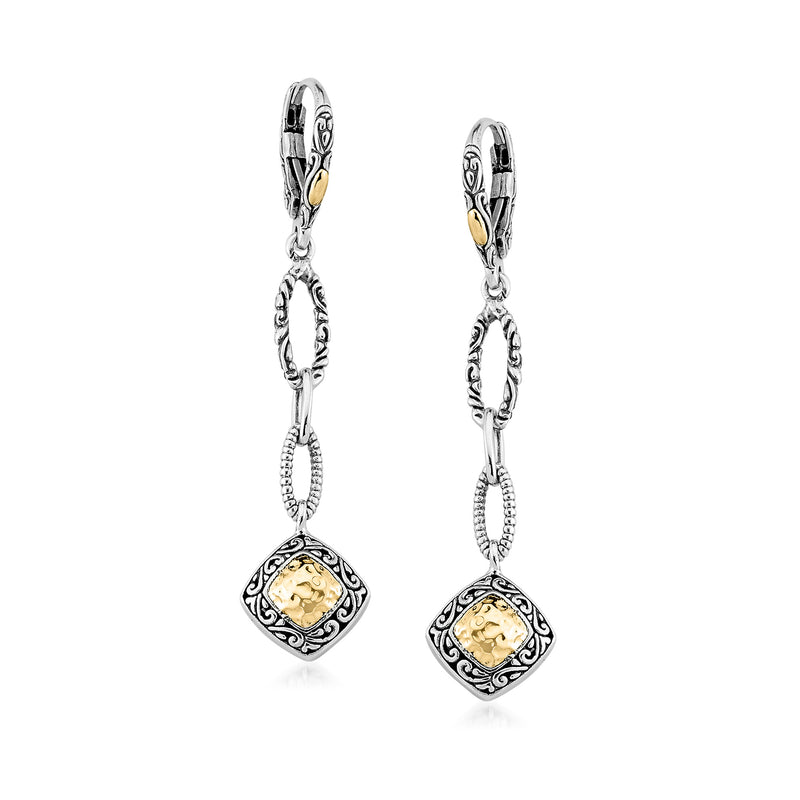 Sterling silver and 18k yellow gold hammered link drop earrings with leverback clasp