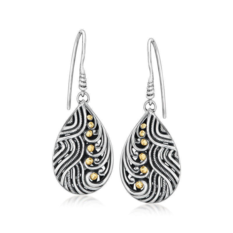 Bali-style teardrop earrings with sterling silver filigree and yellow gold dot accents