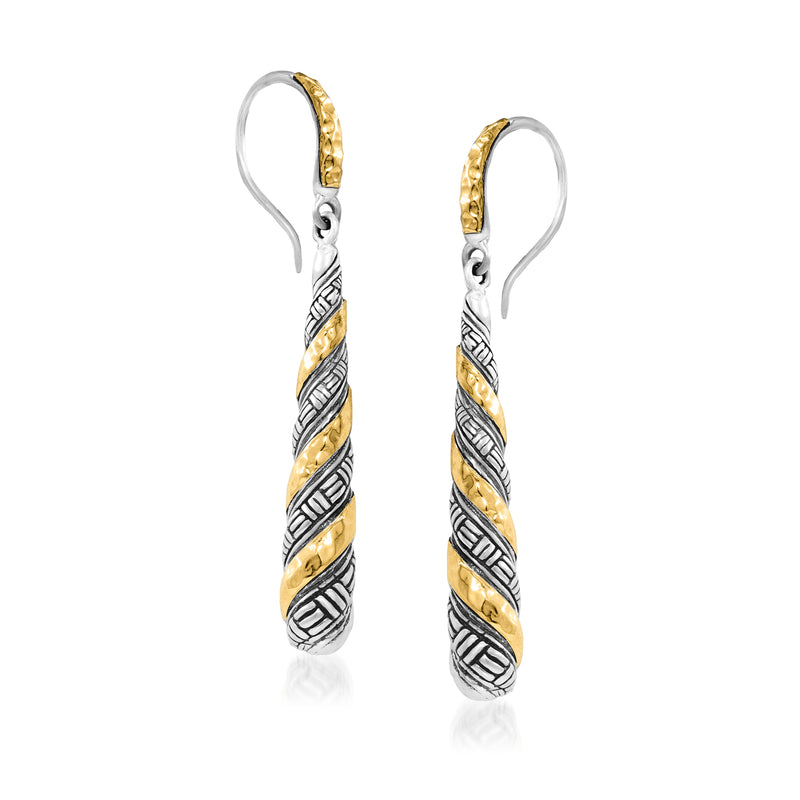 Twisted teardrop drop earrings with silver swirl and 18kt yellow gold accents, on hooks