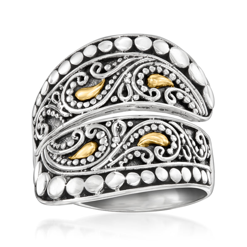 Bali-style bypass ring, sterling silver with yellow gold inlay scrollwork and dot details