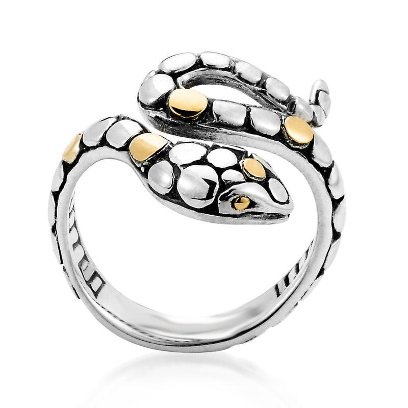 Bali-style snake ring in sterling silver with small 18kt yellow gold accents