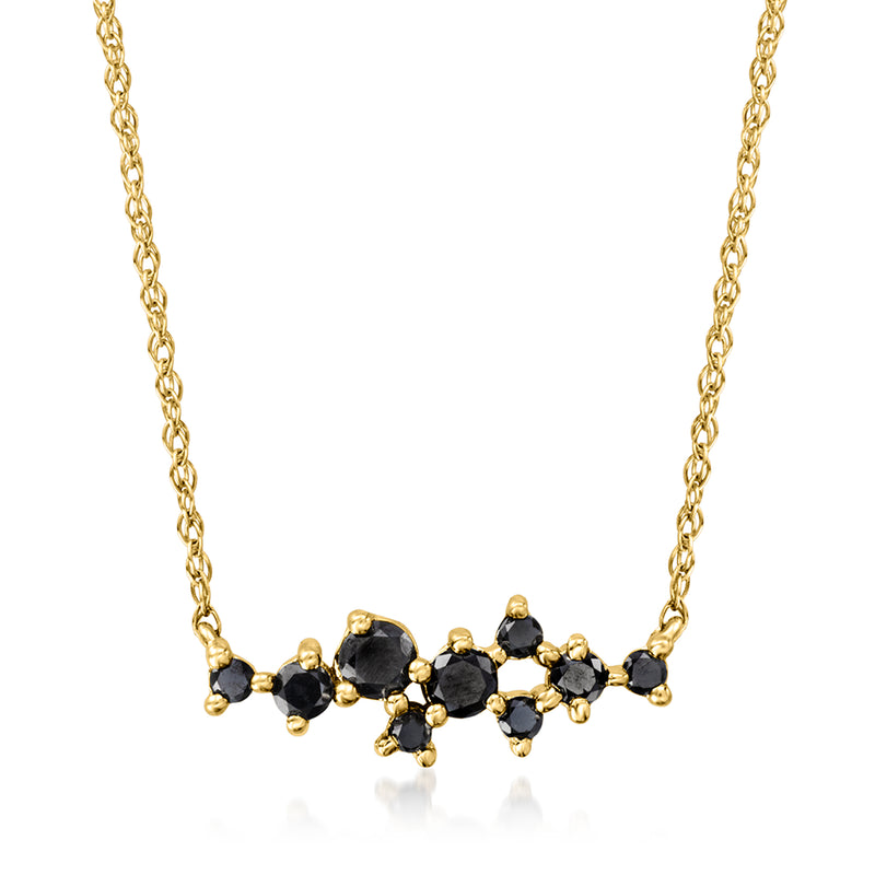 14kt yellow gold necklace with black diamond cluster bar and linked chain