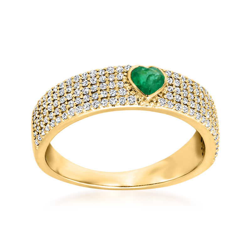 14kt yellow gold ring with emerald heart and diamond pavé band