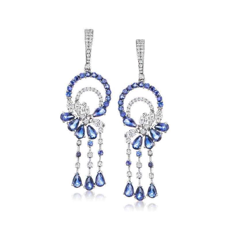 White gold sapphire and diamond chandelier earrings with blue teardrop drops