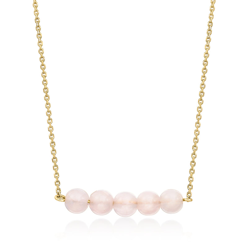 Rose quartz bead necklace with 14kt yellow gold chain and clasp, round pink beads