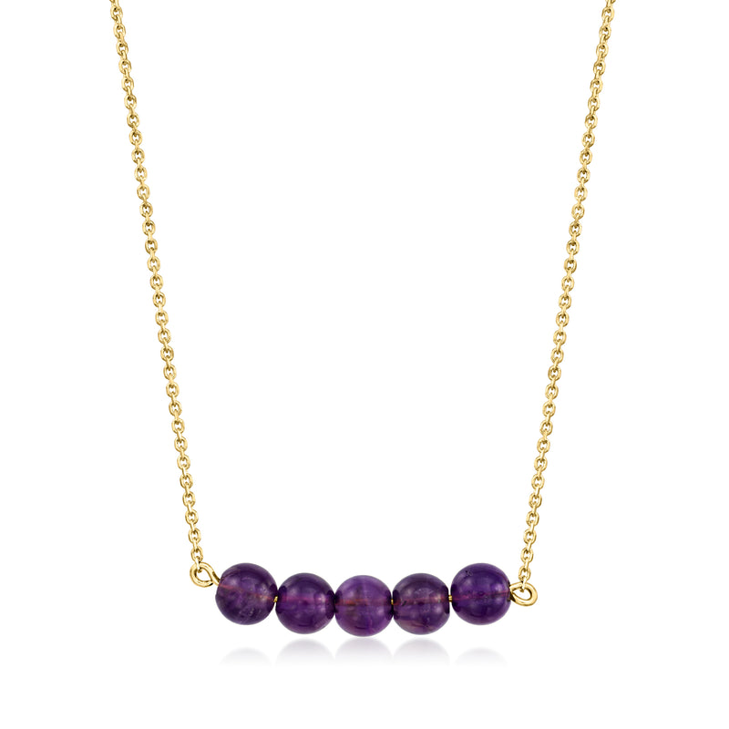 14kt yellow gold bead necklace with round dark purple amethyst gemstones