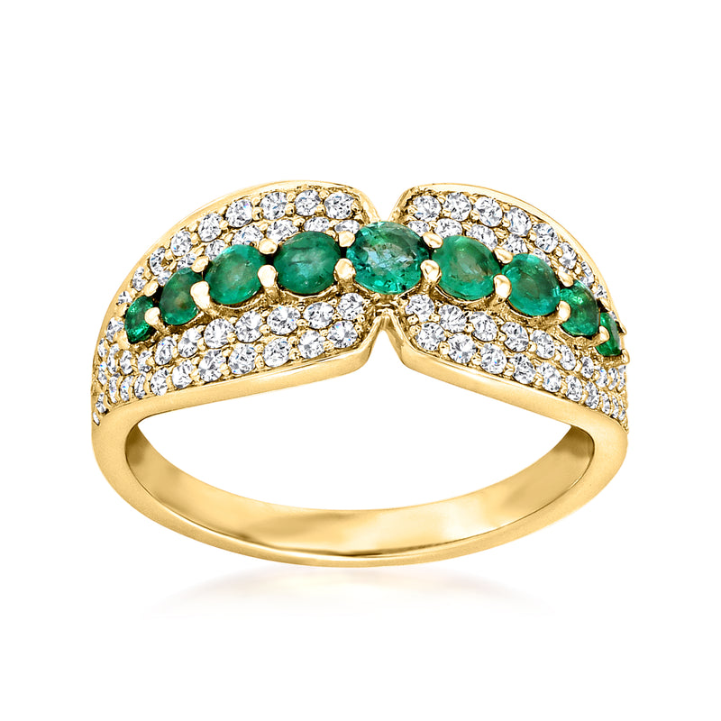 14kt yellow gold ring with emerald center stones and diamond halo accents