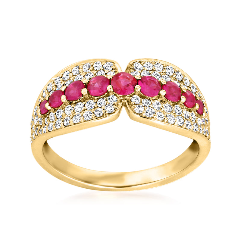 14kt yellow gold ring with pink ruby stones and clear diamond accents