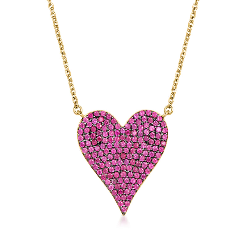 Heart pendant necklace in 14kt yellow gold with pink gemstone pave