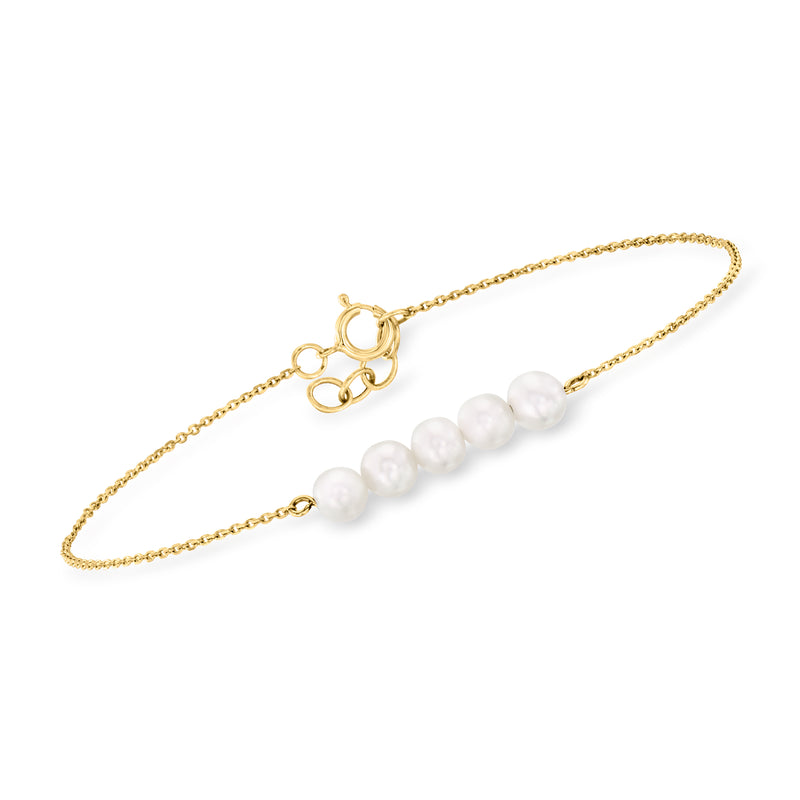 Yellow gold cultured pearl bracelet with round link chain and ring clasp