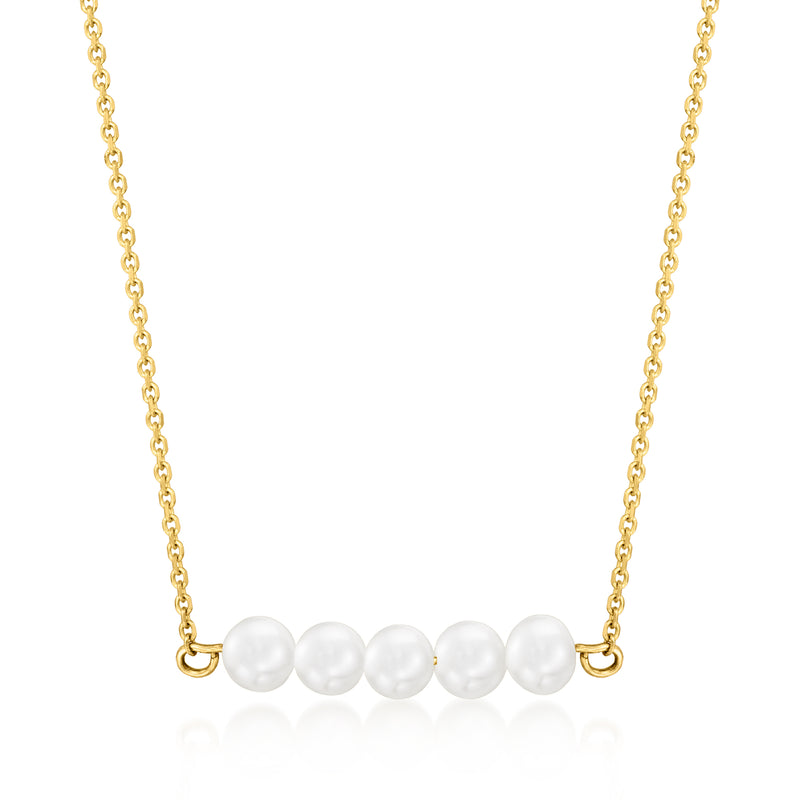 14kt yellow gold cultured pearl bar necklace with five round white pearls