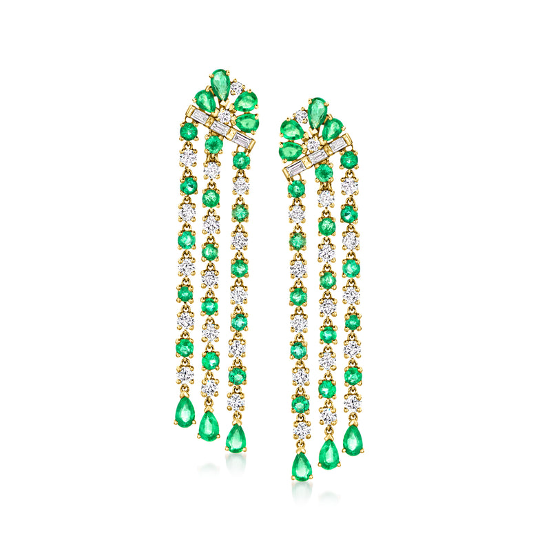 18k yellow gold drop earrings with emerald-green stones and diamond accents