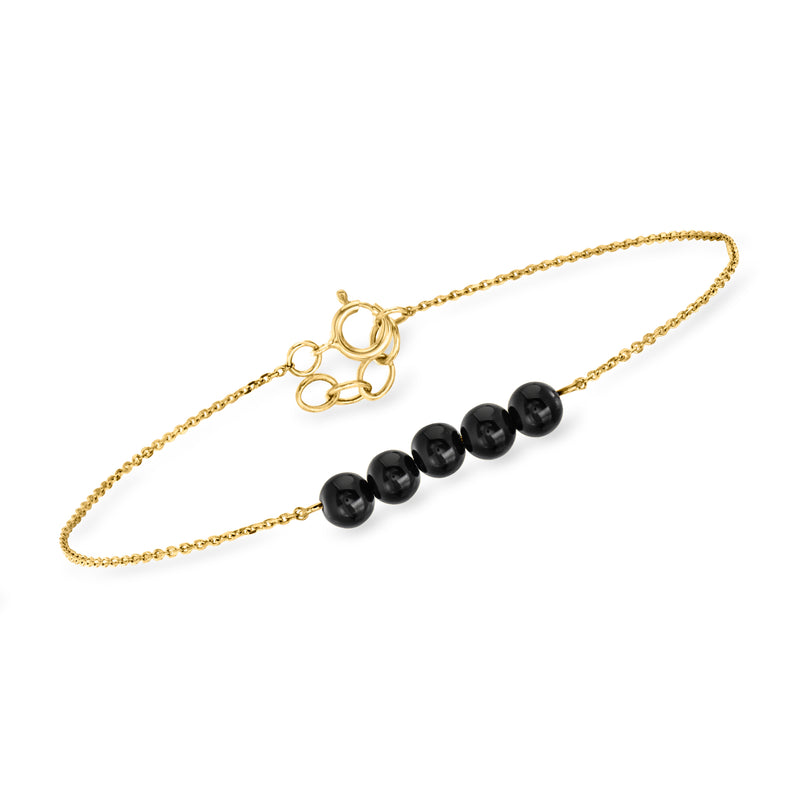 14kt yellow gold bead bracelet with dark onyx round beads and linked clasp
