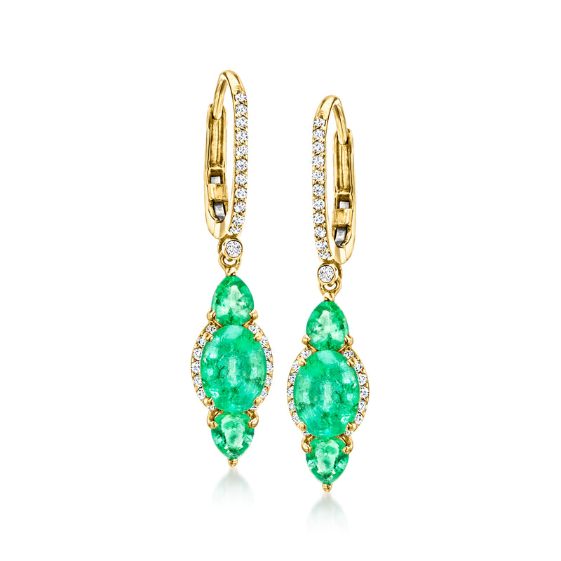 14kt yellow gold emerald and diamond drop leverback earrings, green pear-cut stones