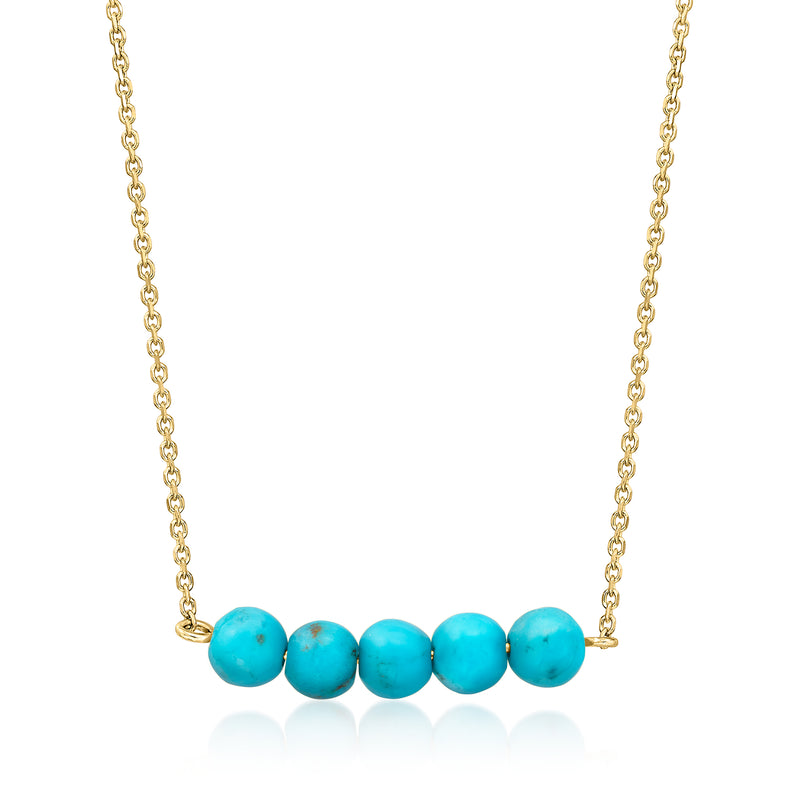 Turquoise bead necklace with 14kt yellow gold chain and five round beads