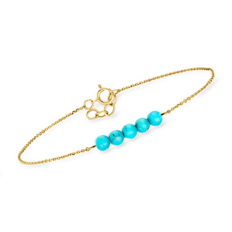 14kt yellow gold bracelet with five turquoise round beads and spring-ring clasp