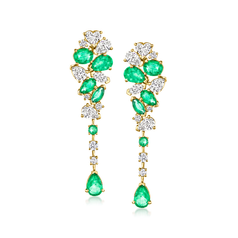 Emerald and diamond drop earrings in 14kt yellow gold with green teardrop gems