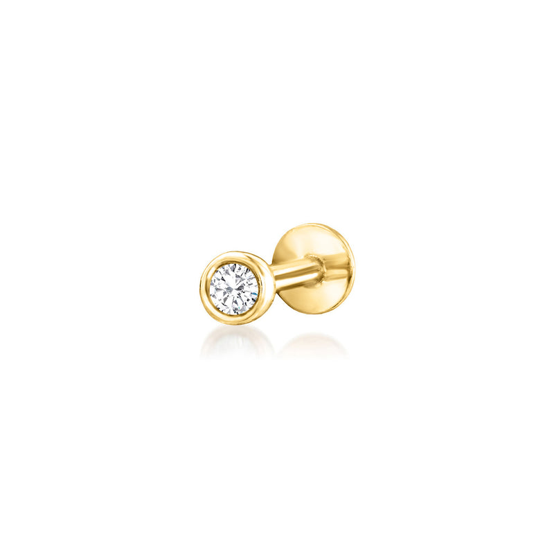 14k yellow gold diamond stud earring with round bezel-set stone and post back.