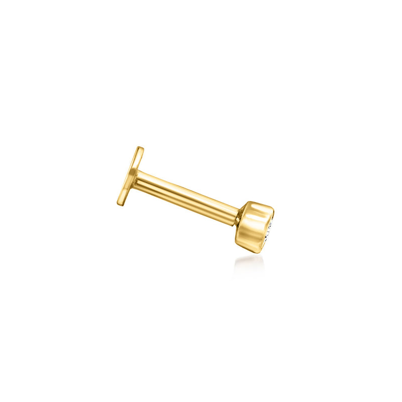 14k yellow gold post earring with flat back and circular bezel-set diamond front.
