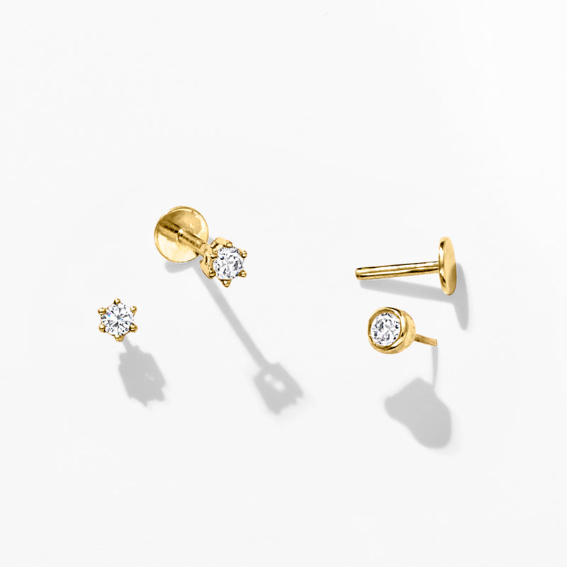 14k yellow gold single diamond stud earring showing front and back post details.