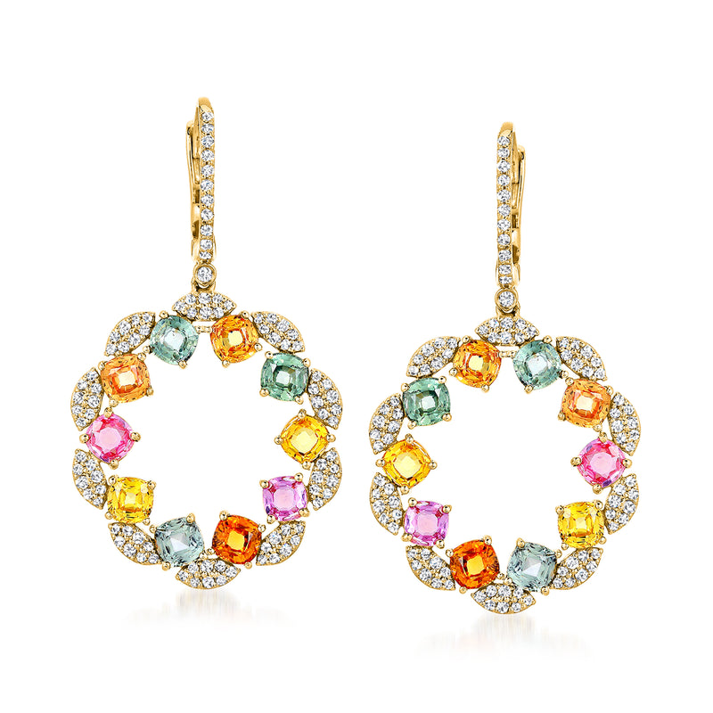 18kt yellow gold circle drop earrings, multicolored sapphires with diamond accents