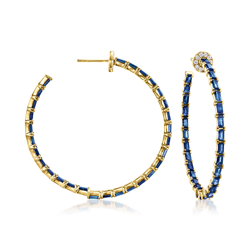 14kt yellow gold inside-out hoop earrings with blue sapphires and diamond accents